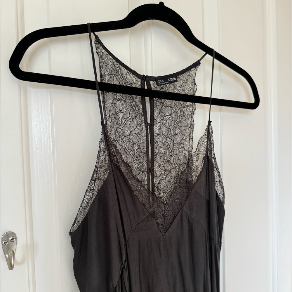 Zara satin lace slip dress black S